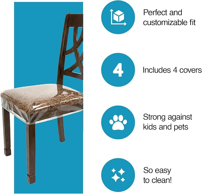 Plastic Chair Covers, Plastic Seat Covers, Fits 16-18 Inch, 8 Pack Set | Houseables for Dining Chairs, Seat Protectors, Vinyl, Waterproof, Clear Cushion Protector for Cats, Kids, Kitchen Room Table