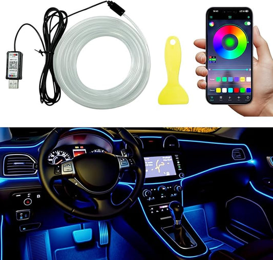 Interior Car LED Strip Lights, 5M 16FT Ambient Lighting Kits, Button Switch & APP Bluetooth Control, Music Sync Fiber Optic Cars Interior Neon Light Strip, USB 5V for Car Inside Decoration