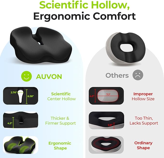 AUVON Ergonomic Donut Pillow Seat Cushion for Hemorrhoid & Back Pain Relief | Thick Memory Foam Chair Cushion with Firm Support for Tailbone, Sciatica, Pressure Sores, Pregnancy, Postpartum Recovery