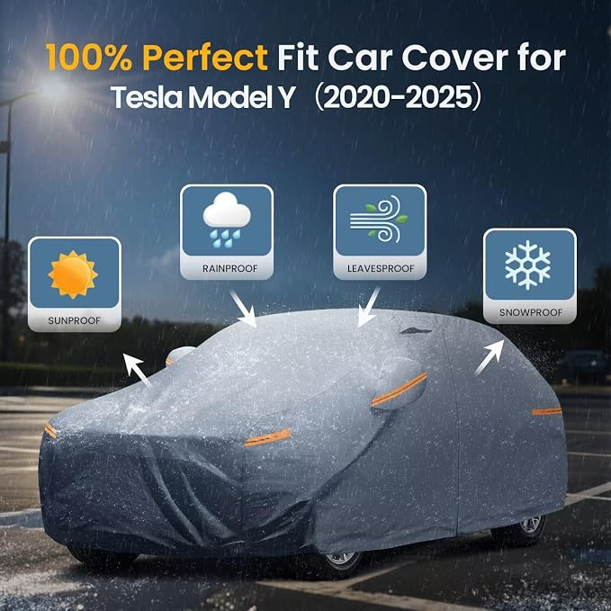 Waterproof Tesla Model Y/Model Y Juniper(2020-2026) Car Cover with Breathable Vents, [Upgrade] Premium Covers with Cotton Liner and Zipper Door, Sun Rain Snow Dust Uv Protection.(Gift with Towel)