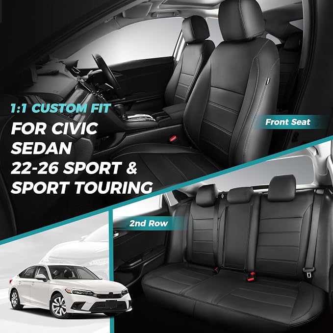 Seat Covers for Honda Civic Sedan 2022-2024 Touring &2025 2026 Hybrid Sport Touring, Faux Leather Black Leather Car Seats Cover Full Set for car - Rear Row 60/40 Split Bench