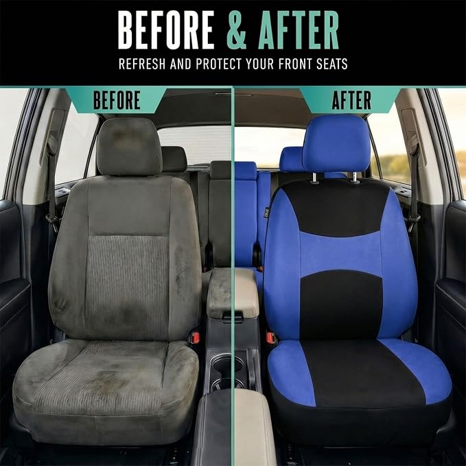 FH Group Full Set Cloth Car Seat Covers , Universal Fit Combo Set with Steering Wheel Cover and Seat Belt Pad for Cars, SUVs and Trucks, Blue