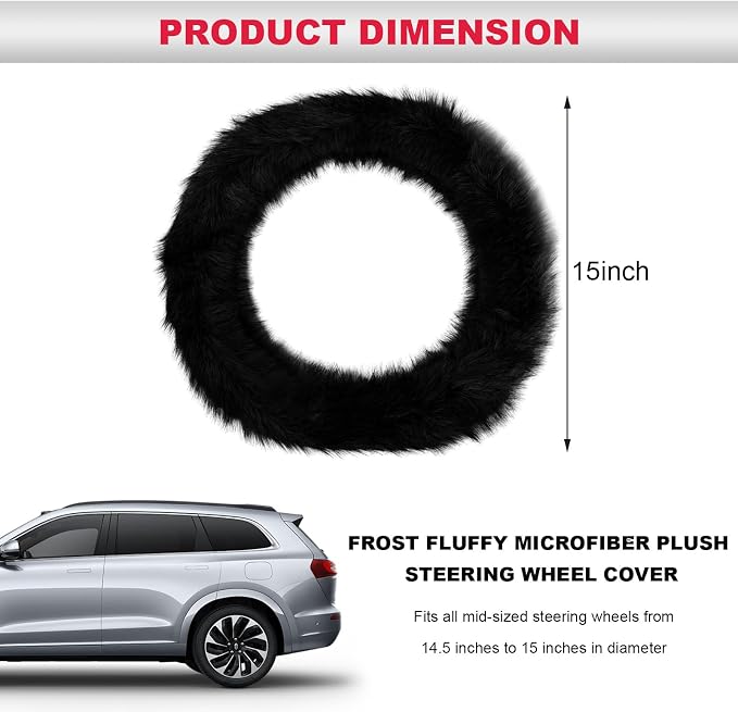Fluffy Steering Wheel Cover, 15 Inch Anti-Slip Microfiber Plush Fuzzy Steering Wheel Cover, Winter Warm Elastic Fuzzy Steering Wheel Covers for Women and Men, Car Accessories (Black)