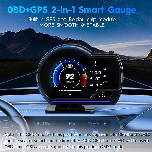 OBD2 Gauge Display, Heads Up Display for Cars, Gauge with OBD GPS Dual System, OBD2 Speedometer for Car with Water TEM, Volt, Mileage, Overspeed & Fatigue Driving Alarm, RPM, Works Great for Most Cars
