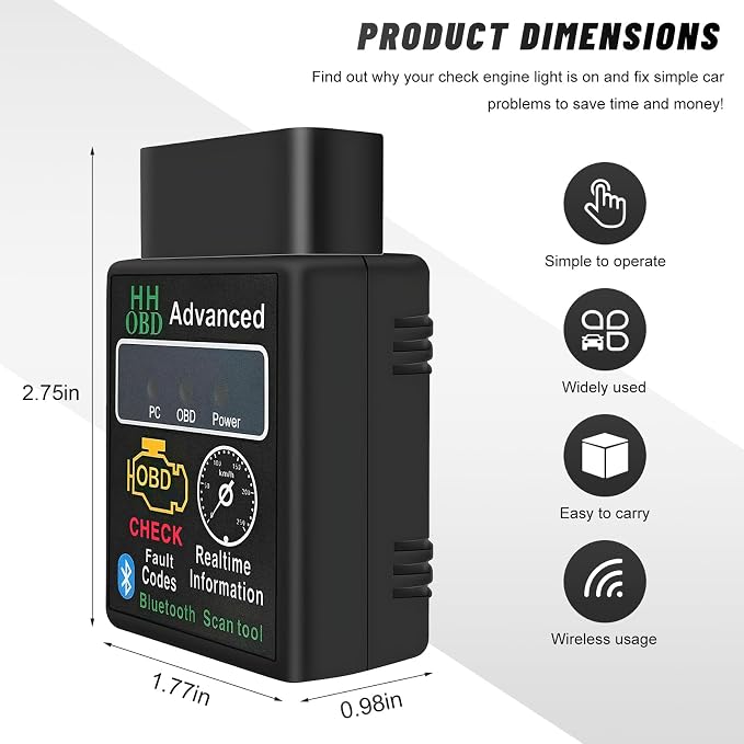 OBDII Car Diagnostic Scanner, Engine Fault Code Reader Bluetooth Scan Tool with Reset & Live Data, Professional OBD2 Wireless Automotive Diagnostic Tester for Phone and PC