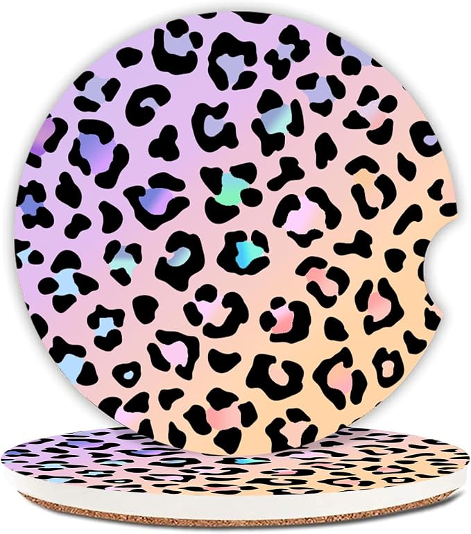 Cute Gradient Leopard Ceramic Cup Holders Car Coasters Set for Women/Men,Drink Cup Car Holder Coasters with A Finger Notch 2.56" Pack of 2