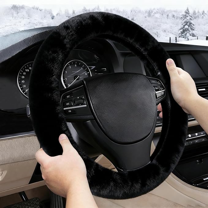 Furry Warm Steering Wheel Cover, Universal 14.5-15 Inch Winter Plush Warm Steering Wheel Cover, Soft Fluffy, Anti-Slip Design, Soft Texture (Black)