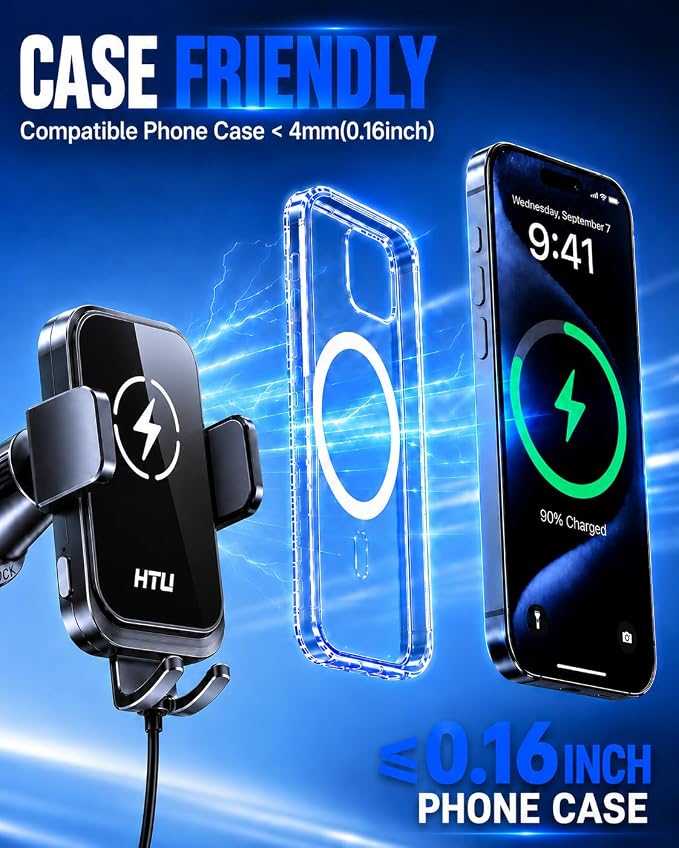 HTU 2026 Upgraded Wireless Car Charger Mount, 【Strongest Suction & Military-Grade Certs】 15W Fast Charging Auto-Clamping Phone Holder for Dash Windshield Air Vent, Fit for iPhone & Android, Jet Black