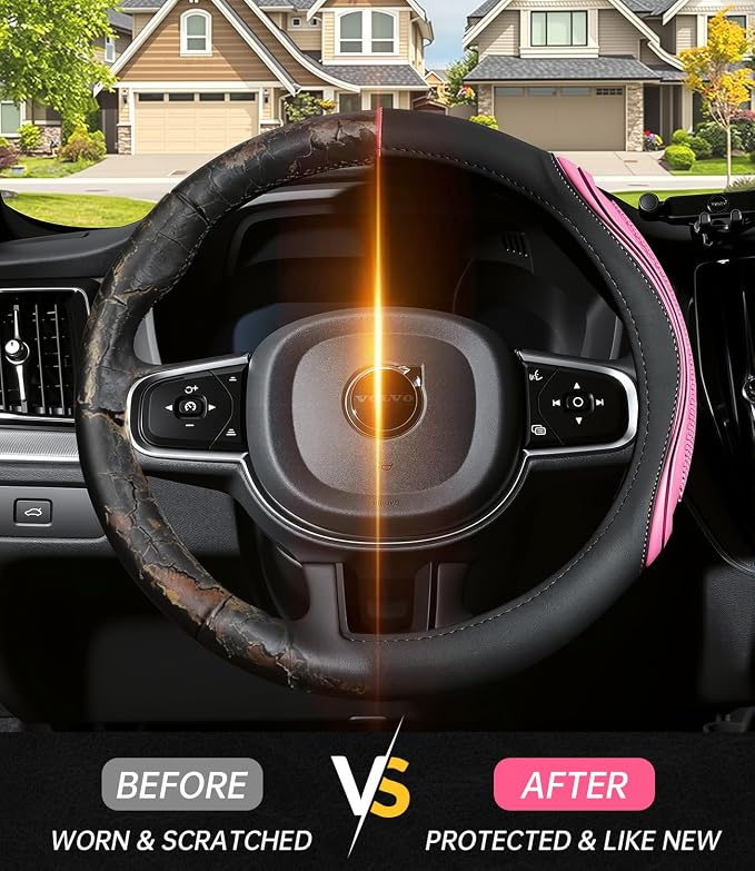 XCBYT Steering Wheel Cover - Pink Leather Steering Wheel Wrap Great Grip with 3D Honeycomb Quick and Effortless Installation Non-Slip Silicone Inner Ring for Women Man Universal Fit 14.5-15 Inch