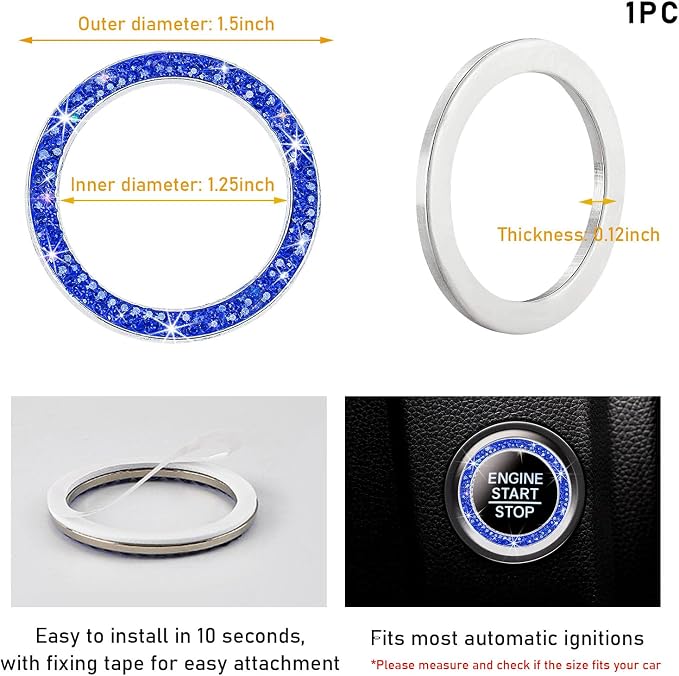Kewucn Bling Crystal Double Rhinestone Car Engine Start Decoration Ring, Sparkling Push Start Button Sticker, Key Ignition & Knob Ring Decoration, Bling Car Interior Accessory(Dark Blue)