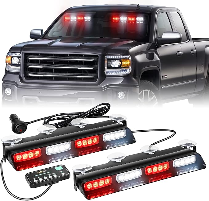 XRIDONSEN 2x 14 inch Red White Emergency Dash Lights 32 LED Strobe Lights | Interior Safety Flashing Warning Hazard Caution Front/Rear Windshield Light Bar for Vehicles Trucks Car