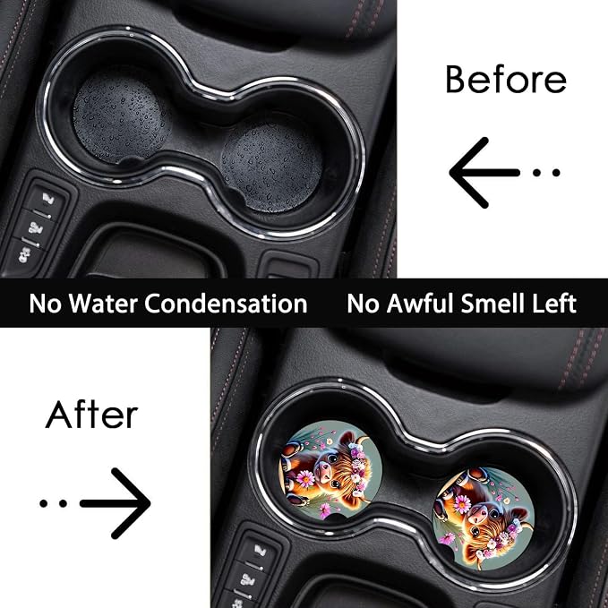 2 Pack Highland Cow Floral Car Cup Holder Coasters Universal Neoprene Mat | 2.75" Universal Size Anti Slip Rubber Mat, Auto Cup Holder Accessories for SUV Truck, Cow Lovers Gifts for Women Men Mom