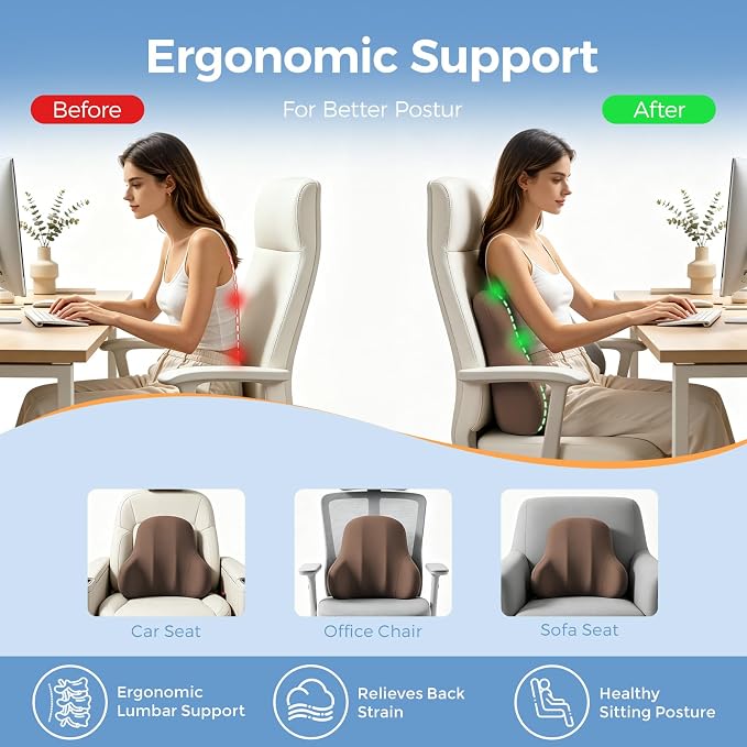 BABUR Ergonomic Memory Foam Lumbar Support Pillow for Car, Back Pain Relief | Ergonomic 100% Memory Foam, Back Pain Relief, Comfort Lower Back Support for Office Chairs, Car Seat, Wheelchair