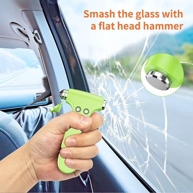 Car Safety Hammer, 3-in-1 Emergency Escape Tool with Window Breaker and Seat Belt Cutter, Safety Emergency Car Escape Tool for Car, Office, Home, 2PCS Green