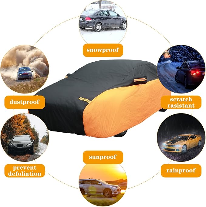 Riakrum Full Car Cover Waterproof All Weather for Automobiles Windproof Cover Rain UV Protection Sun Scratch Resistant Outdoor Universal(Fit Sedan Length (194-208'') 59'' H,Black, Orange)