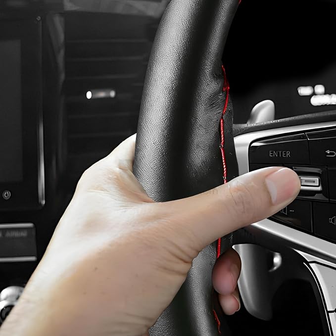 Genuine Leather Steering Wheel Cover, 15 Inch Stitch on Wheel Wrap with Needles & Threads, Breathable Steering Wheel Protector DIY Sewing Wrap for Car Truck SUV (Black & Red, Glossy)