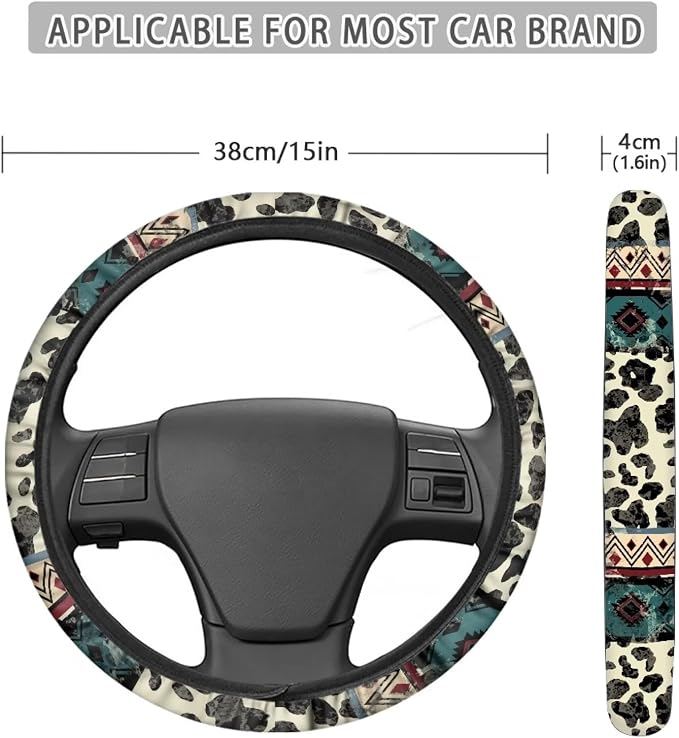 Wanyint Aztec Cow Print Beige Auto Steering Wheel Cover Universal 15 Inch Diameter Anti-Slip Neoprene Car Steering Wheel Protector for Women Men