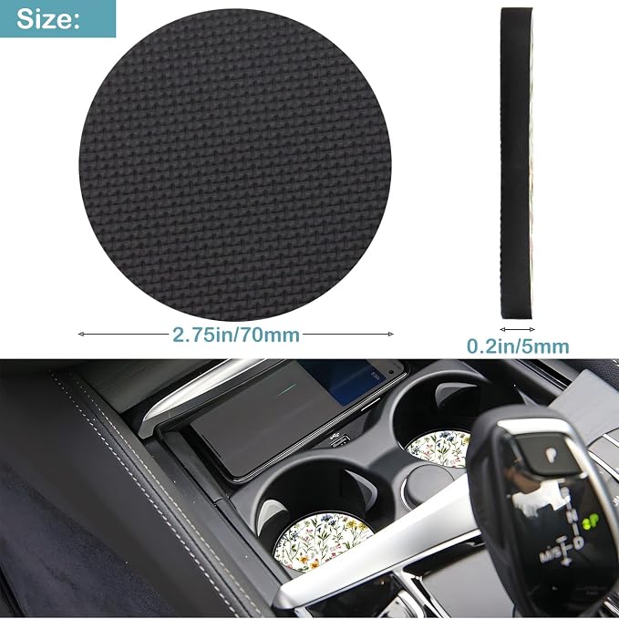Car Cup Holder Coasters, 2 Pack – 2.75" Universal Auto Anti-Slip Insert Coaster, Rubber Car Coasters, Personalized Car Accessories for Women & Men (Wildflowers)