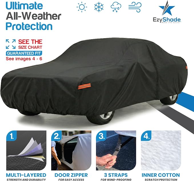 EzyShade Multi-Layer Waterproof Sports Car Cover - See Vehicle Size-Chart - All Weather Full Outdoor Covers for Automobiles - MG MGB MGC MX-5 Porsche Classic Cars - Black, Size C0 (See SizeChart)