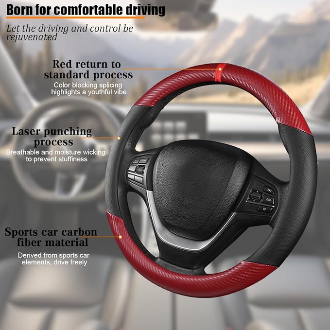 Carbon Fiber Car Steering Wheel Cover, Leather Breathable Automotive Wheel Protector, 15 Inch Anti-Slip Vehicle Interior Steering Accessories, Universal for SUV Truck Sedan (Red)