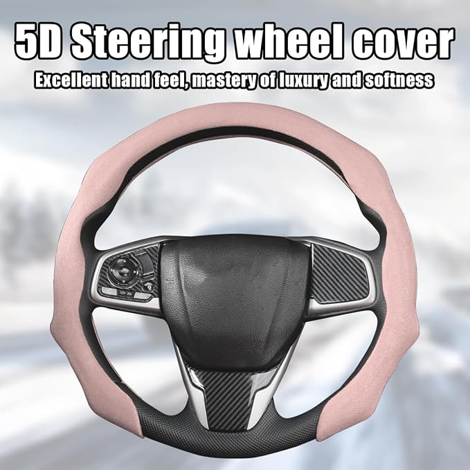 Mandark Car Steering Wheel Cover, Suede Sport Vehicle Steer Wheel Protector Fitting 15 Inch, Non-Slip Comfortable Automotive Interior Decoration Accessories, Universal for Most Cars (Pink)