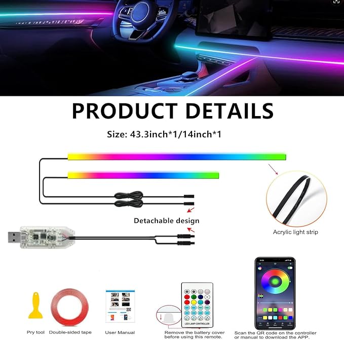 Interior Car LED Strip Lights,Acrylic LED Lights for Car with Dynamic Dreamcolor Chasing,57in USB 2 in 1 RGB Neon Strip Fiber Optic LED Ambient Lighting Kits with Remote APP,for Inside car Decorations