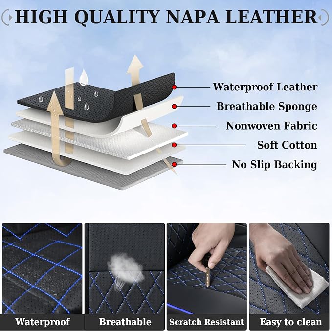 Coverado Tacoma Seat Covers, Car Seat Covers Front Seats, Leather Seat Covers for Cars Car Seat Protector Cushion Tacoma Accessories Custom Fit 2005-2015 Toyota Tacoma Double/Crew Cab(Blue Line)