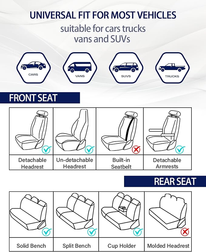 TOYOUN Classic Universal PU Leather Car Seat Covers Full Set Fit Most Cars Trucks SUVS or Vans Blue High Back Front Bucket and Rear Auto Seat Covers Set Car Seat Protector