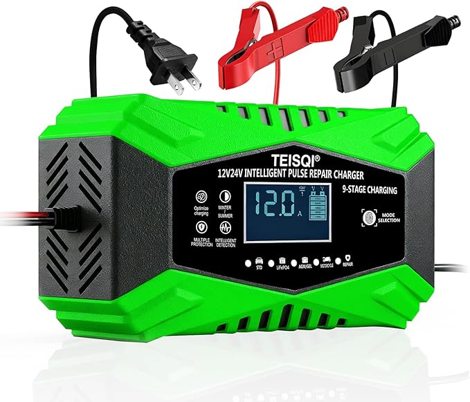 Battery Charger,12-Amp 12V/24V Smart Battery Trickle Charger | Automotive Battery Maintainer Desulfator,with Temperature Compensation,for Car Motorcycle Mower Lead Acid/LiFePO4