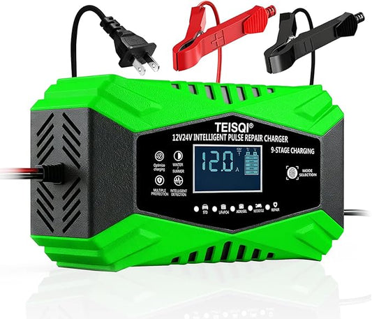 Battery Charger,12-Amp 12V/24V Smart Battery Trickle Charger | Automotive Battery Maintainer Desulfator,with Temperature Compensation,for Car Motorcycle Mower Lead Acid/LiFePO4