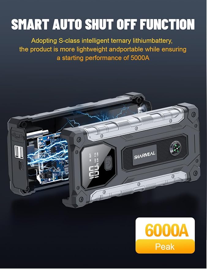 Sharmeal Car Battery Jump Starter 6000A, Jump Starter Battery Pack for All Gas and 10.0L Diesel, 12V Portable Jump Box with LED Light
