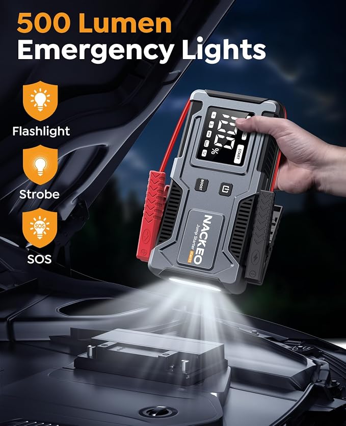 Jump Starter 6000A, 12V Car Battery Jump Starter with Built-in Smart Jumper Cables, Car Jump Starter Jump Box Portable Jumper Cables for car (9.0L Gas/7.0L Diesel), LCD Display, LED Light
