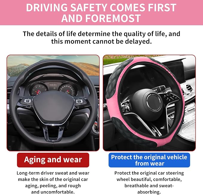 15 Inch Leather Steering Wheel Cover, Automotive Accessories Breathable Anti-Slip Elastic Soft Wheel Protector, Fit for Most SUVs Trucks and RVs (Pink)