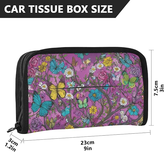 Car Visor Tissue Holder Mask Holder for Car, Car Tissue Box Sun Visor Napkin Holder Car Visor Accessories Adjustable Straps Reusable Durable Easy to Install Rose Flowers Butterfly Trees Purpl
