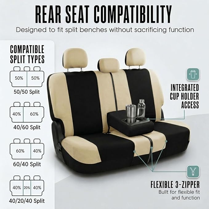Automotive Seat Covers Beige Black Universal Fit Seat Cover Combo Set with Steering Wheel Cover and Seat Belt Pad (Airbag Compatible and Split Bench)