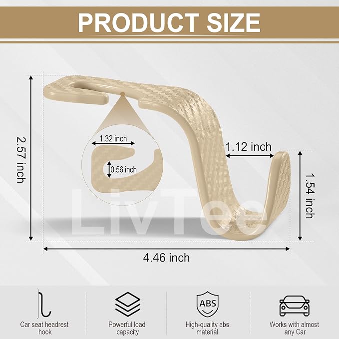 LivTee Car Purse Hook, Headrest Hook for Car, 4 Pack Universal Auto Car Seat Headrest Hook Hangers Organizer for Purse Coat Umbrellas Grocery Bags Handbag, Car Accessories - Carbon Fiber Beige