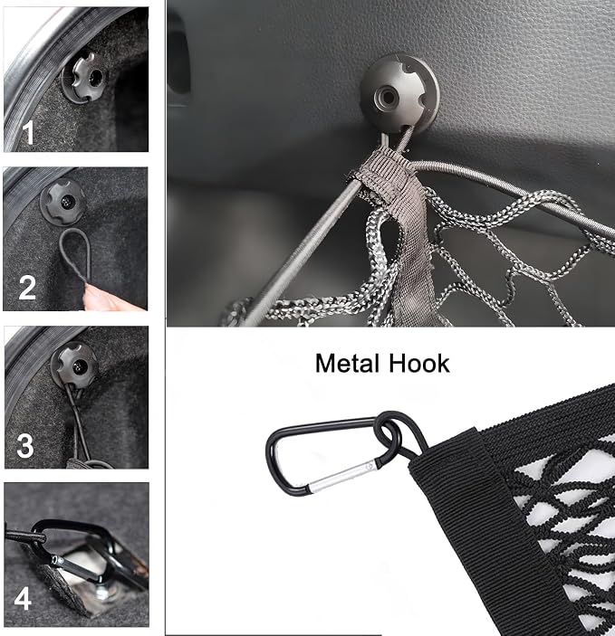 BAILALIBO 3-Pocket Cargo Net with Metal Hooks, 43.5x11.8 in | Expandable elastic net, heavy-duty for SUV/truck/pickup, secure trunk storage, stretchable organizer for exterior