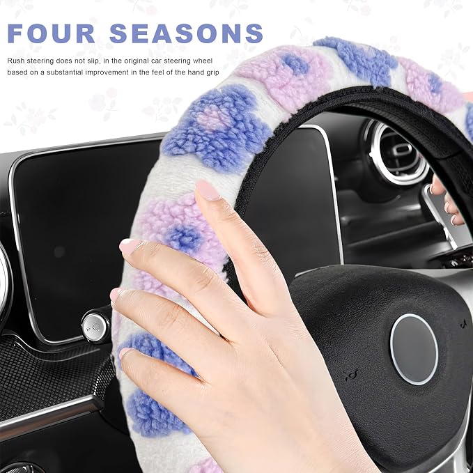 Plush Flowers Steering Wheel Cover, 15 inch Anti-Slip Breathable Steering Wheel Protector Cute Floral Decor, Elastic Soft Wheel Cover Universal Fit for Most Vehicles (Light Purple)