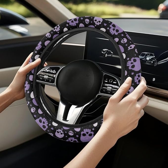 Wanyint Car Steering Wheel Cover for Women Men, Soft Neoprene Stretch Anti-Slip 15 Inch Steering Wheel Protector Universal Halloween Auto Decor, Purple Skull Print