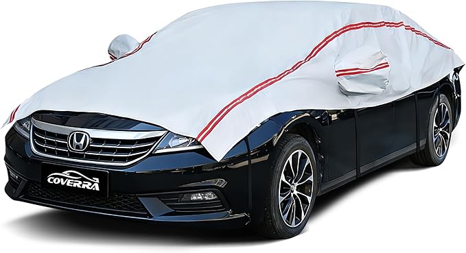 Half Car Cover for Snow, Car Roof Cover for All Weather Protection with Red Strip Design, Fit Small/Compact Sedan Such As Audi A4, Toyota Corolla