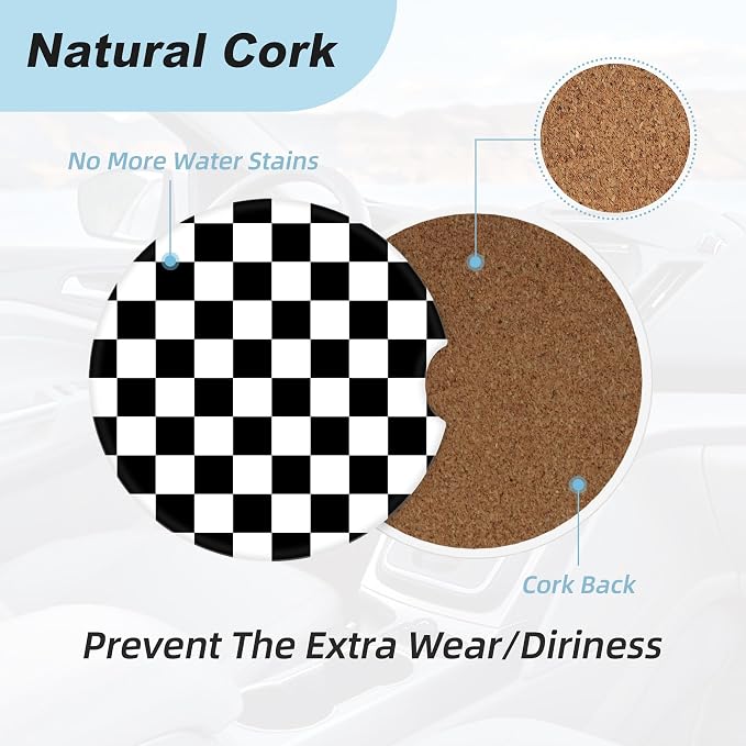 Black White Checkered Car Coasters for Cup Holders,2 Pack Car Cup Holder Coasters for Car,Ceramic Absorbent Car Coaster with A Finger Notch and Cork Base,Car Interior Accessories for Women Men