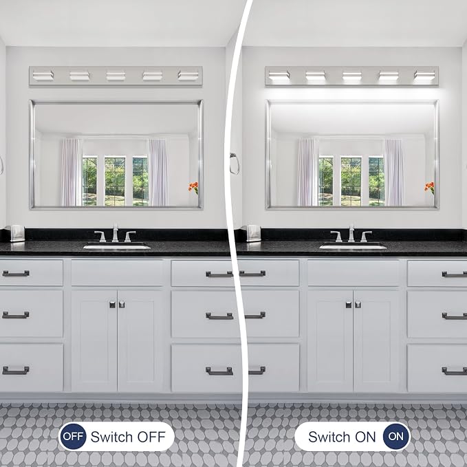 SineRise LED Modern Bathroom Vanity Light Fixtures (5-Light, 40-Inch, Dimmable), Brushed Nickel Modern Acrylic Bathroom Wall Lighting Fixtures Over Mirror (Cool White 6000K)