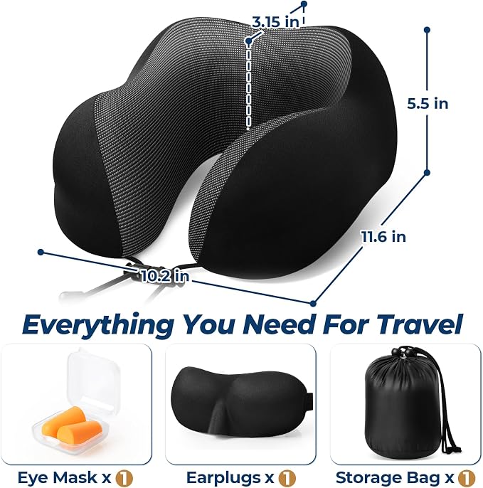ExploreBliss Travel Pillow, Travel Pillows for Sleeping Airplane, Neck Pillow Airplane, Memory Foam Neck Pillow Set with Eye Mask, Earplugs and Storage Bag -Black