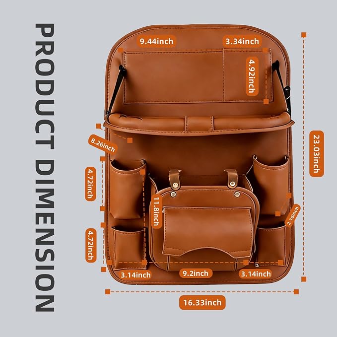 Car Backseat Organizer with Foldable Table Tray, PU Leather Seat Back Organizer with Trash Bin, Tablet Holder, Kick Mat Protector, Back Seat Storage for Cars, Brown