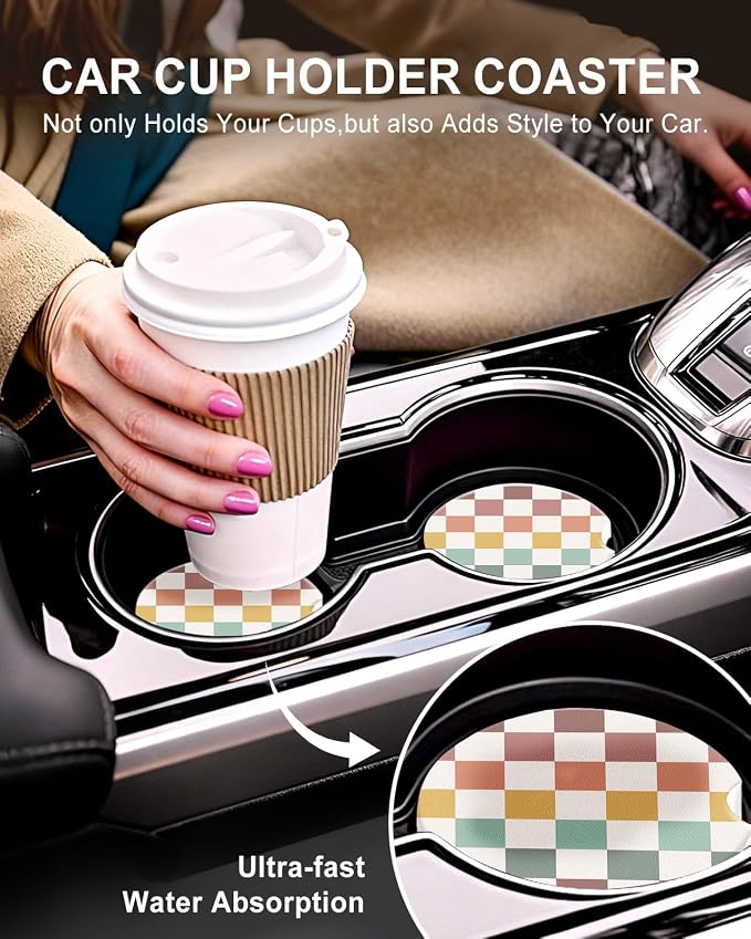 Swooflia Car Coasters for Women - Morandi-Tone Checkered Ceramic Car Cupholder Coaster Absorbent Mat Coaster with Cork Base 2 Pack 2.55 inch Automotive Cup Holder Accessories New Driver Gifts