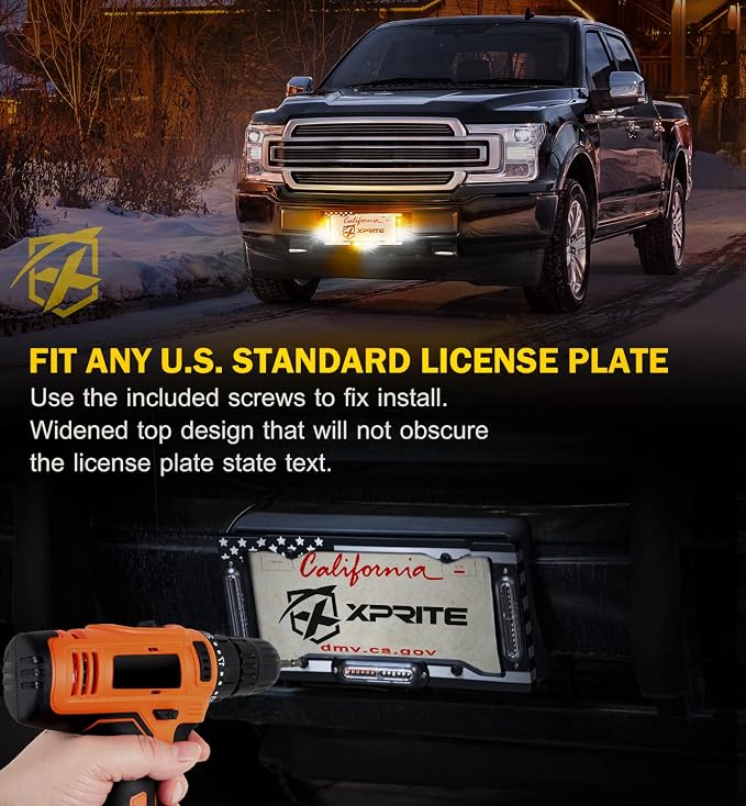 Xprite 36 LED License Plate Strobe Light, US Flag Front/Rear Utility Lights, 22 Modes Caution Frame for Construction Towing Snow Plow Pickup Work Trucks Cars - White Amber (w/Pre-Installed 9FT Cable)