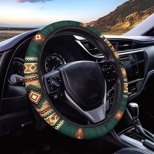 Wanyint Car Steering Wheel Cover for Women Men, 15 Inch Soft Neoprene Stretch Anti-Slip Washable Car Accessories Universal Fit for Sedans SUV, Southwest Aztec Brown Green