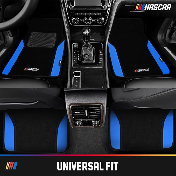 NASCAR Car Floor Mats, Carpet & Blue Leather Design Car Mats, Universal-Fit All-Weather Car Floor Mats with Built-in Heel Pad & Anti-Slip Backing, Durable Odorless Automotive Interior Accessories