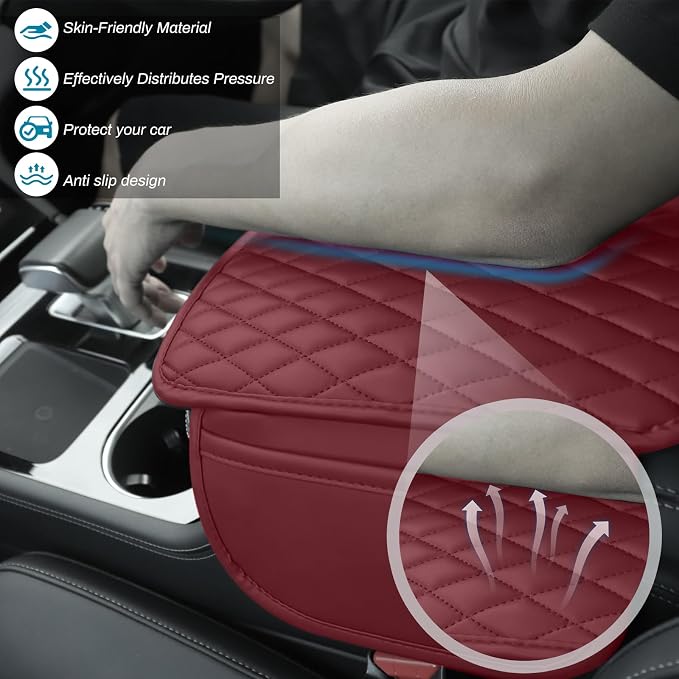 Ouzorp Car Center Console Cover, Upgraded Microfiber Leather Car Arm Rest Cover with 2 Storage Bags, Universal Armrest Cover for Car Storage Box Car Interior Accessories Protector for Most Vehicle-Red