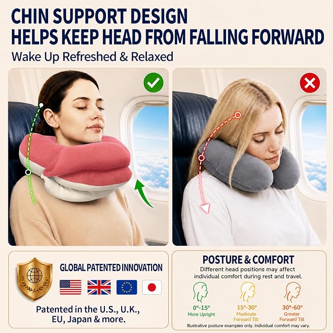 BUYUE Travel Neck Pillows for Airplanes, Memory Foam 360° Head Support Sleep for Long Flight, Skin-Friendly & Breathable, Kit with Eye Mask, Earplugs and Storage Bag (Adult, Pink, 90+ lbs)